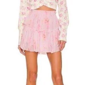 Love Shack Fancy Girls Summer Morning Tiered Ruffled Mini Skirt in Pink. Size 12